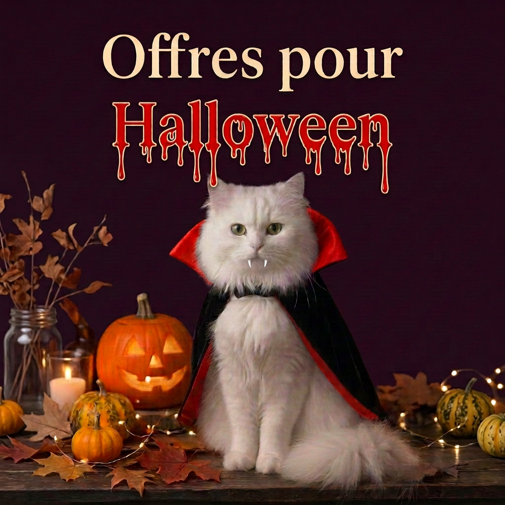 Chat Dracula avec les deux crocs légèrement plus visibles