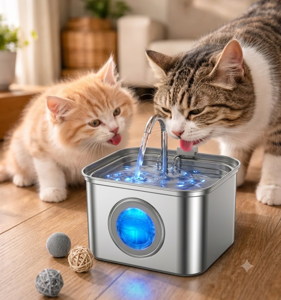 AQUA-FLOW chat et chaton qui boivent dans la fontaine en inox