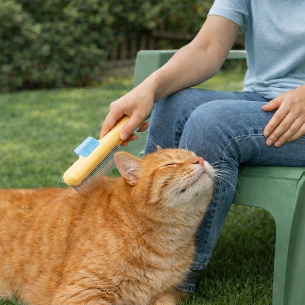 chat marron avec son maitre dans le jardin