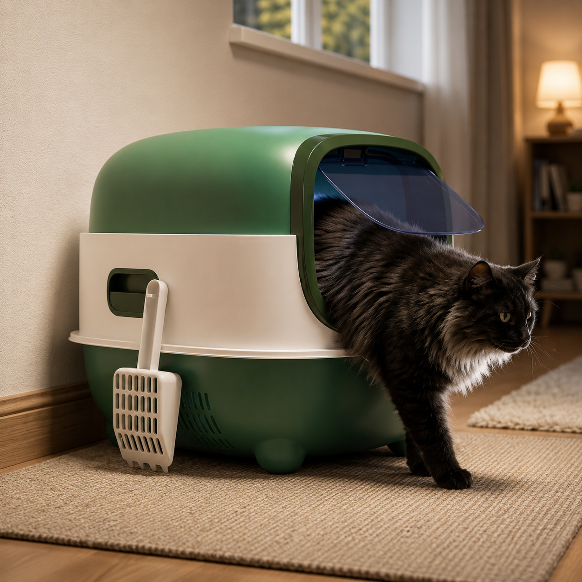 chat noir qui sort de sa litière fermée