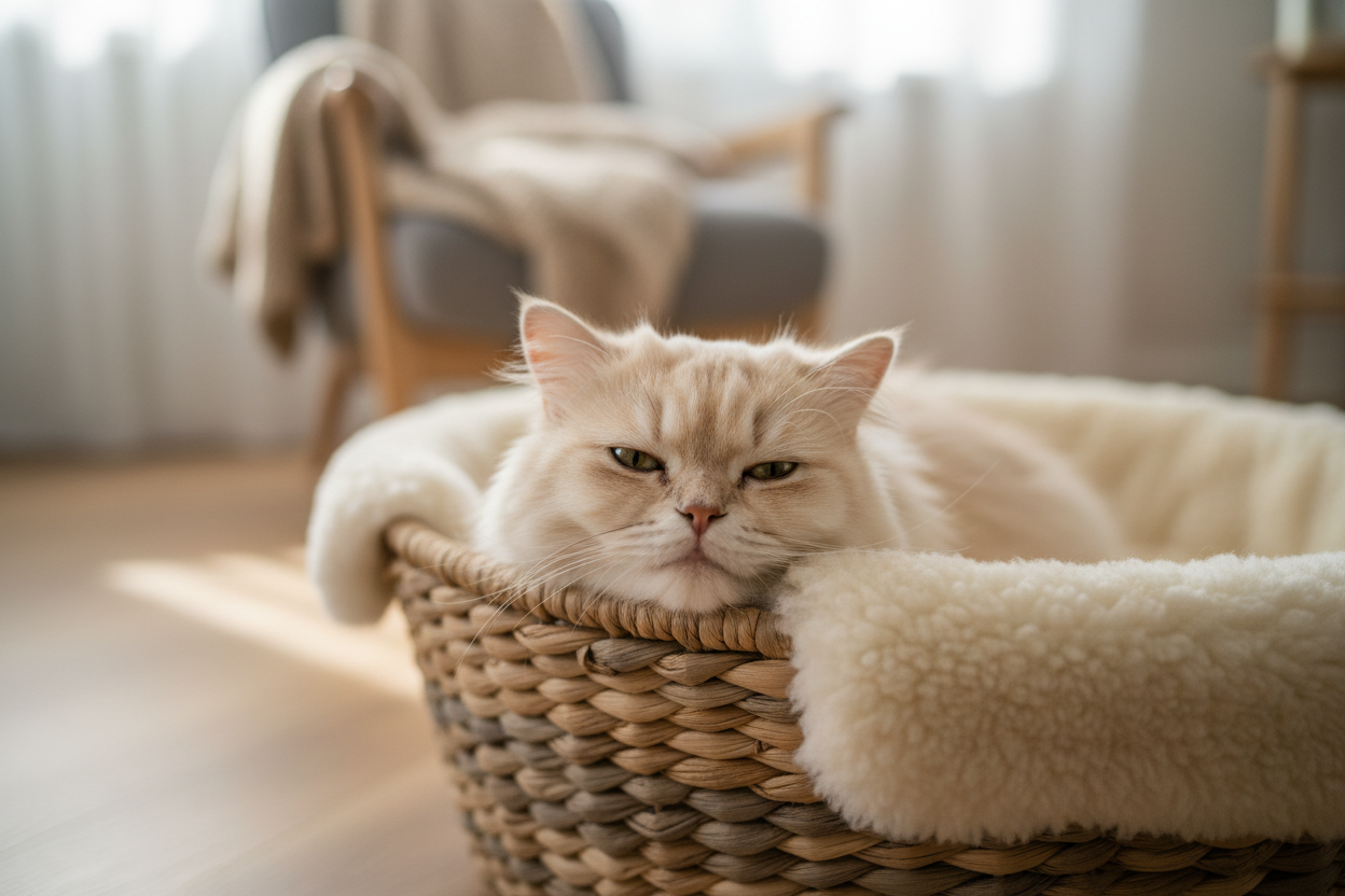 Chat qui pose sa tête sur son couffin