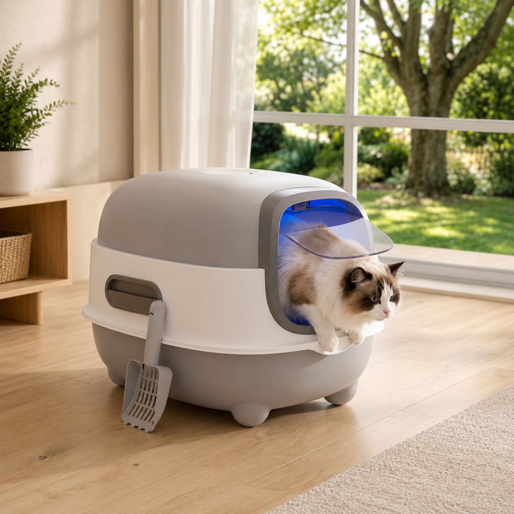 chat sortant de sa litière fermée