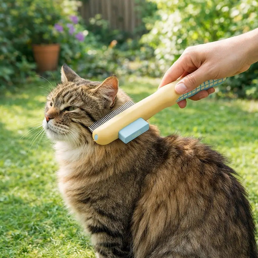 chat en train de se faire peigné par son maitre