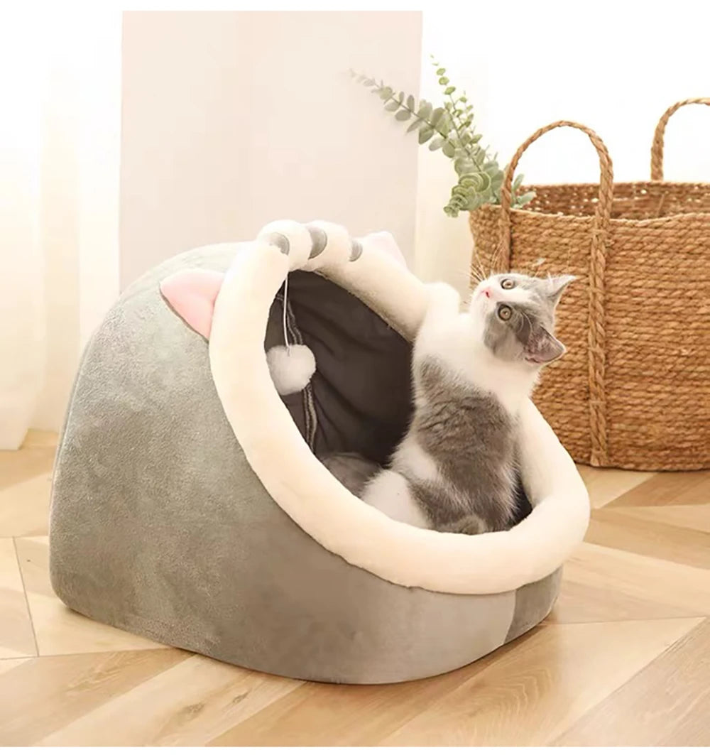 chat qui s'amuse dans son nid douillet gris