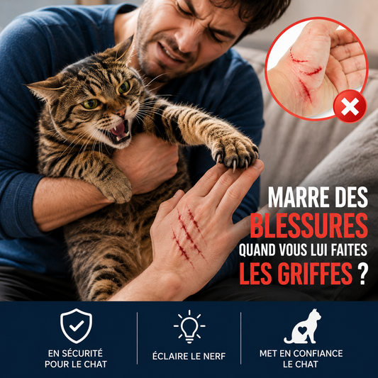 Homme avec griffures — fini les blessures grâce au coupe-griffe LED CLIC-GRIFFE