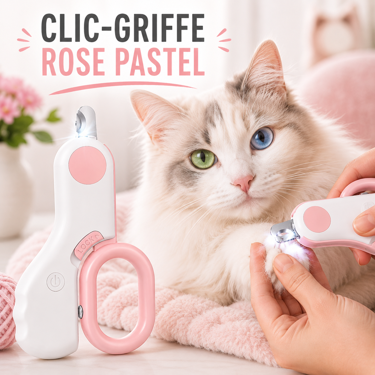 CLIC-GRIFFE Rose Pastel — chat blanc aux yeux verts se faisant couper les griffes