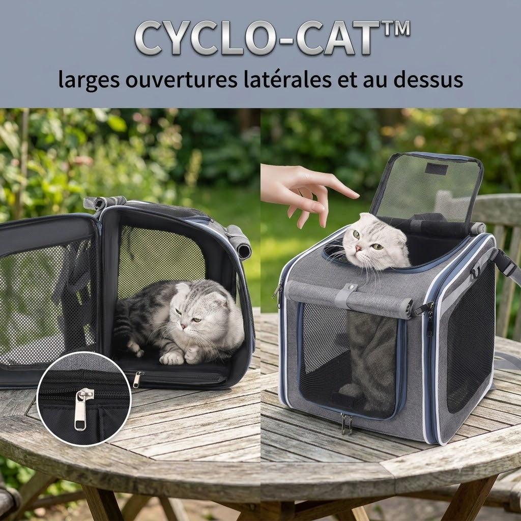 CYCLO-CAT™ — Ouvertures latérales et supérieure du sac de transport chat