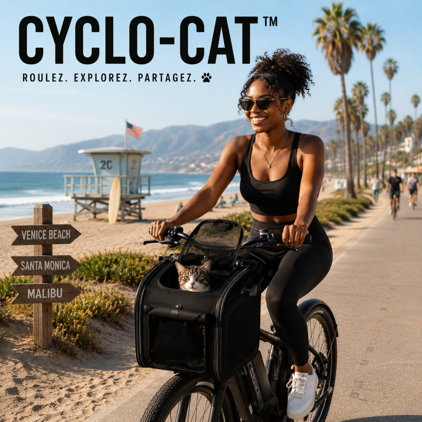 CYCLO-CAT™ — Roule, explore, partage — femme et chat à vélo