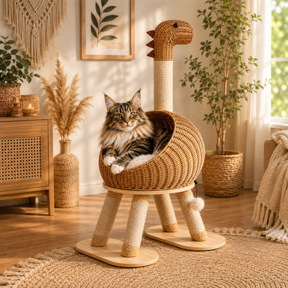 Chat installé dans le nid en osier du DINO-TOWER - arbre à chat en rotin sisal ambiance salon bohème