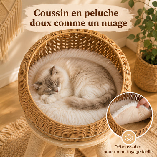 Coussin en peluche doux amovible et déhoussable dans le nid en rotin du DINO-TOWER - arbre à chat .