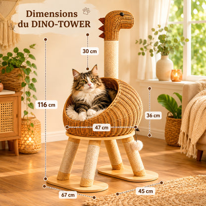 Dimensions complètes du DINO-TOWER arbre à chat  116 cm - base 67x45 cm nid 47 cm de diamètre