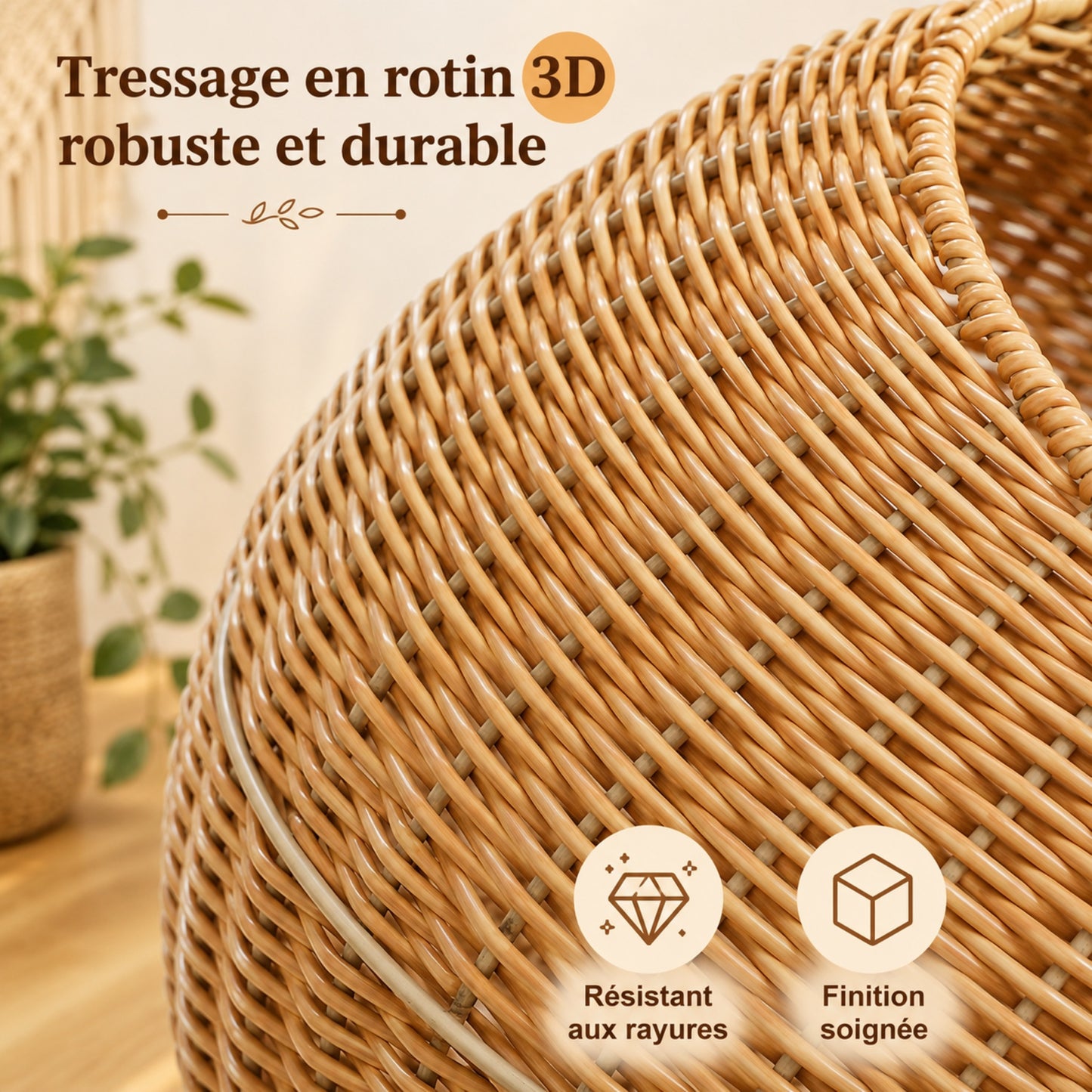 Zoom sur le tressage en rotin naturel du DINO-TOWER - arbre à chat robuste et durable qualité premium