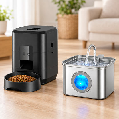 Duo distributeur noir WiFi et fontaine AQUA-FLOW inox