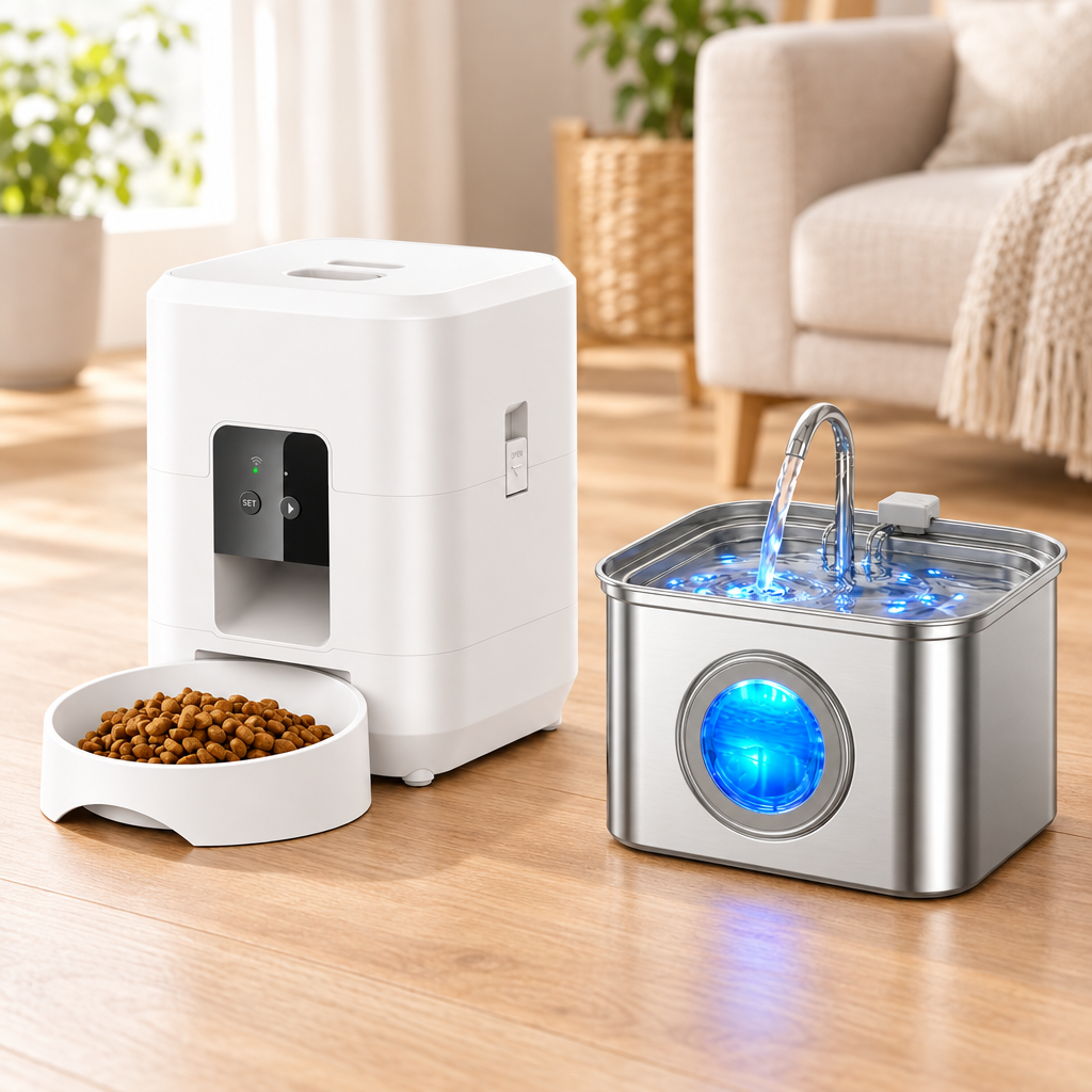 Duo SMART-FEED blanc WiFi et fontaine AQUA-FLOW inox