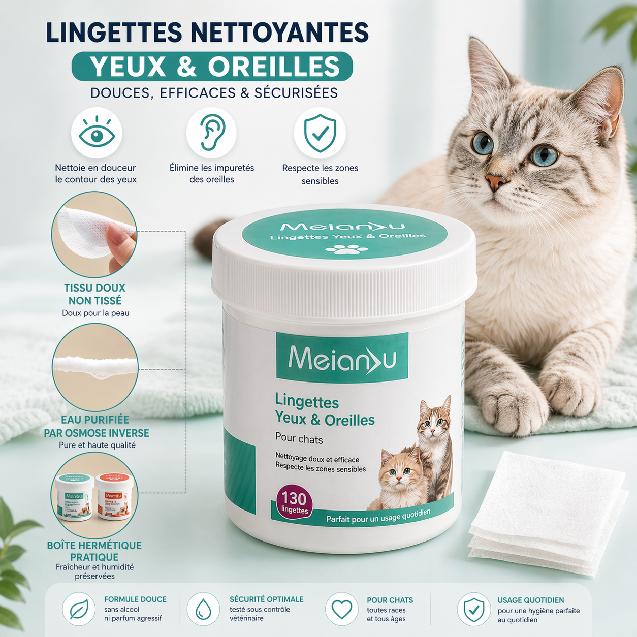Lingettes Nettoyantes pour Yeux et Oreilles pour Chat CLEAN-PET.