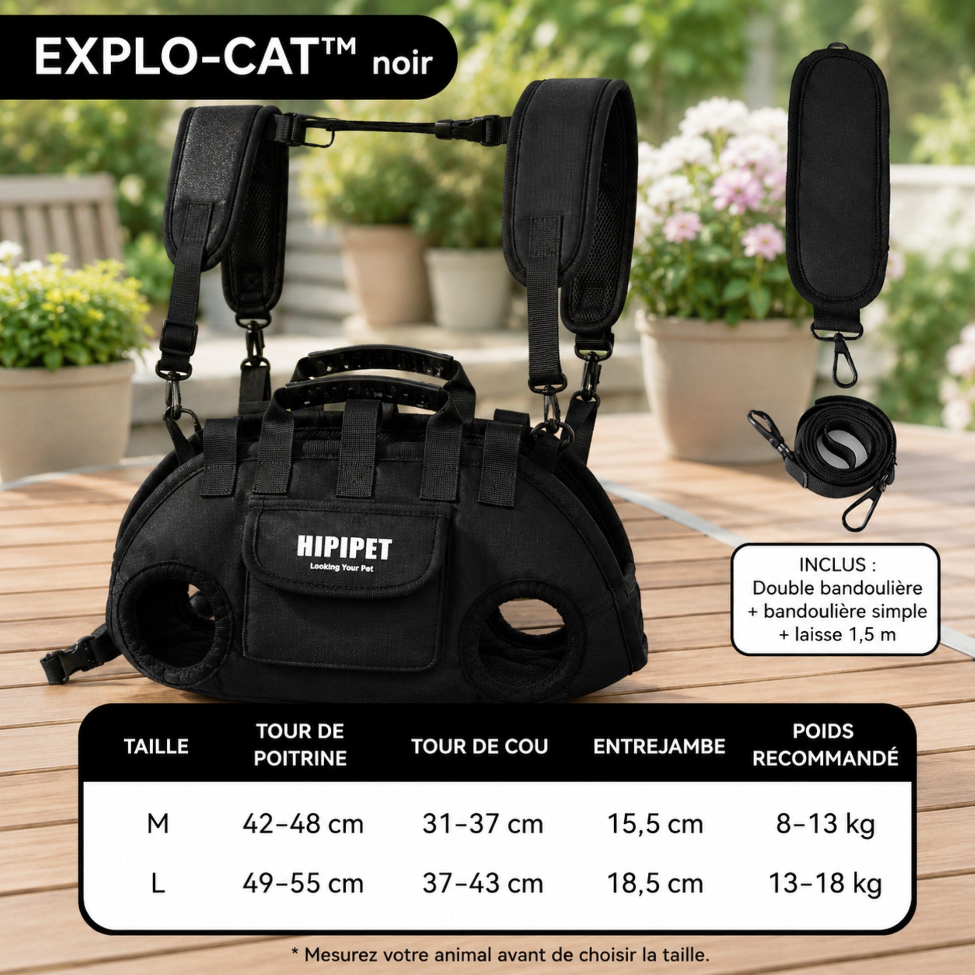 EXPLO-CAT™ noir — Tableau des tailles M et L pour chat et chien