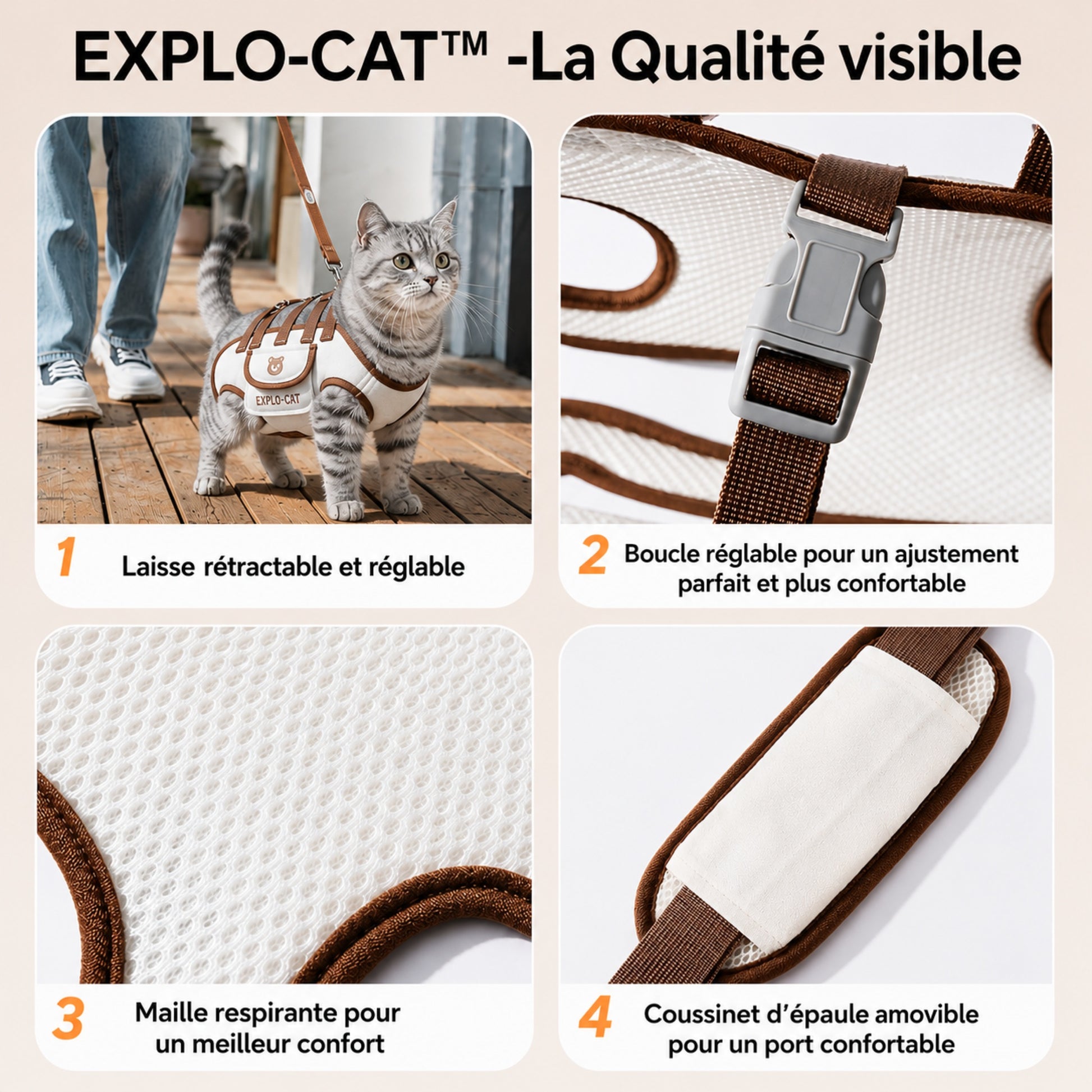 EXPLO-CAT™ — Qualité laisse rétractable et réglable incluse