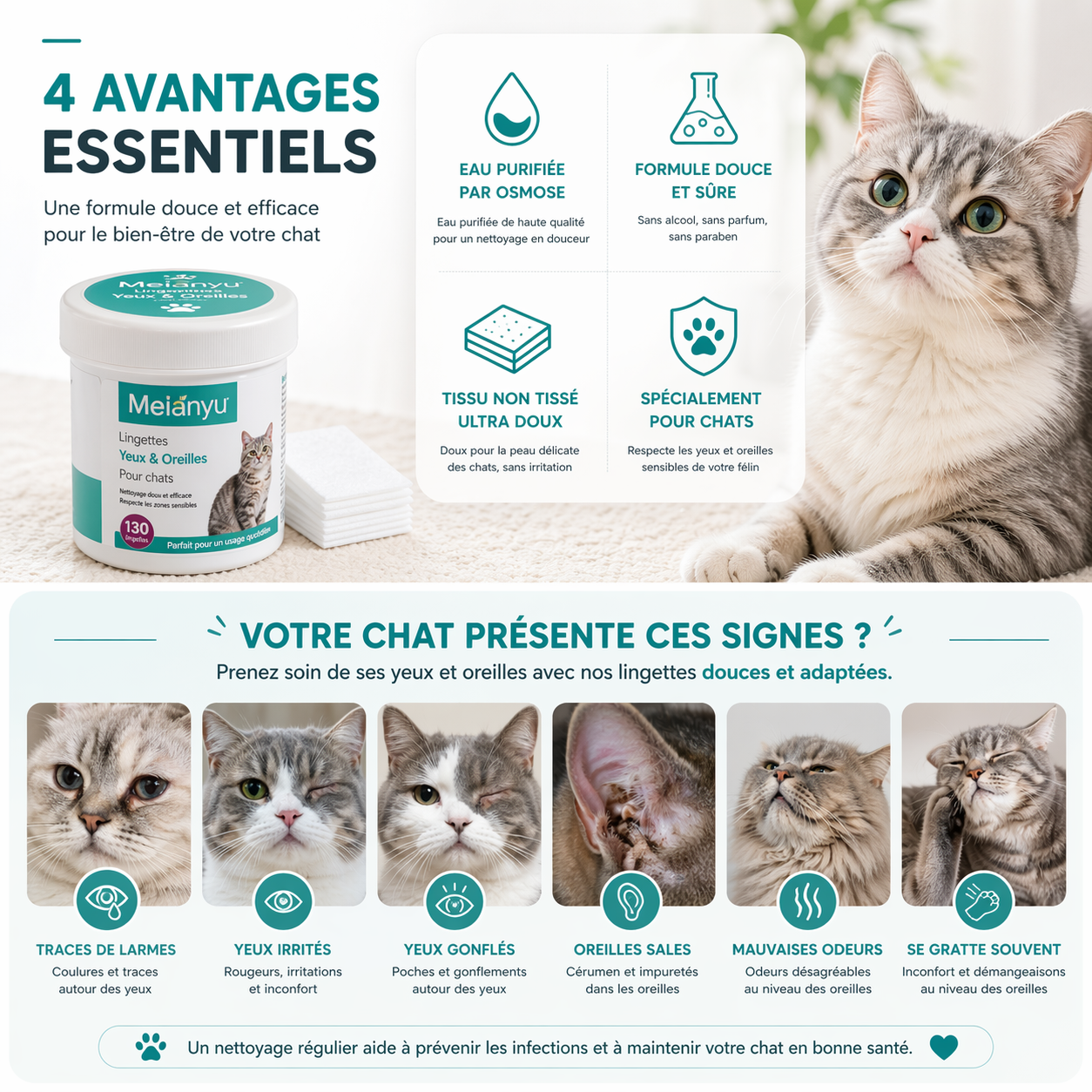 Lingettes Nettoyantes pour Yeux et Oreilles pour Chat CLEAN-PET.