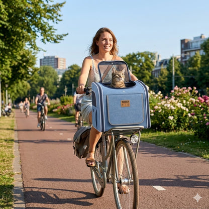Femme à vélo avec sac de transport chat bleu CYCLO-CAT™ dans un parc