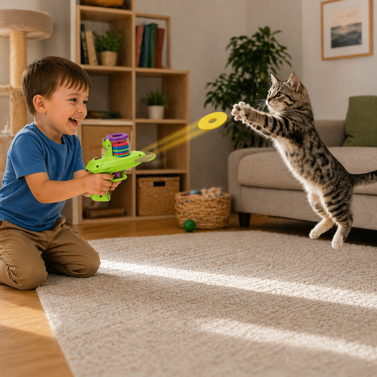 garçon qui tire un disque avec son pistolet et son chat le rattrape