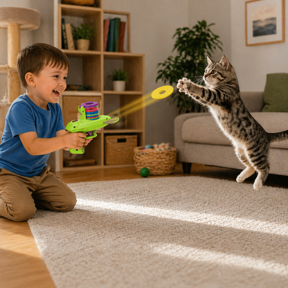 garçon qui tire un disque avec son pistolet et son chat le rattrape