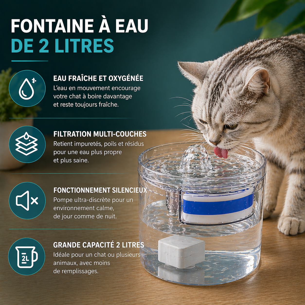 Fontaine à Eau pour Chat 2 Litres Transparente Double Mode Source et Filet