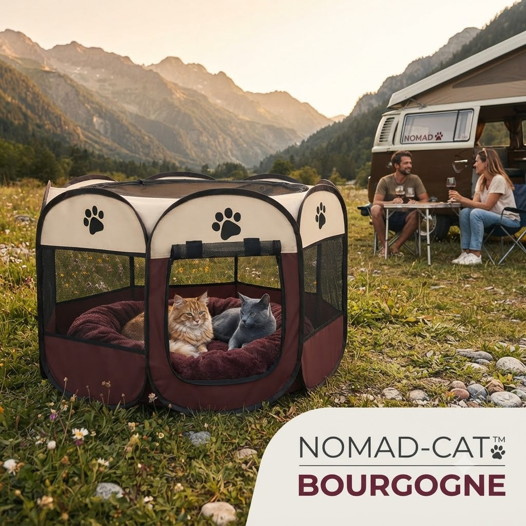 parc de voyage NOMAD-CAT bourgogne installé devant un camping-car en montagne