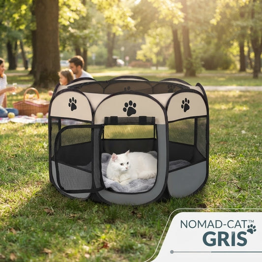 parc pliable NOMAD-CAT gris installé en pique-nique avec chat blanc à l'intérieur