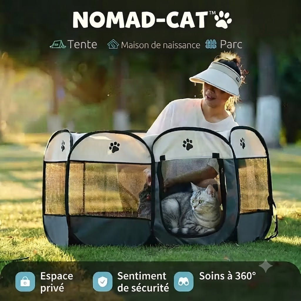 parc pliable NOMAD-CAT installé en extérieur avec chat en sécurité