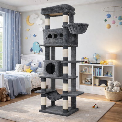 Chat qui grimpe sur les 6 niveaux de l'arbre à chat OLYMPUS TOWER™