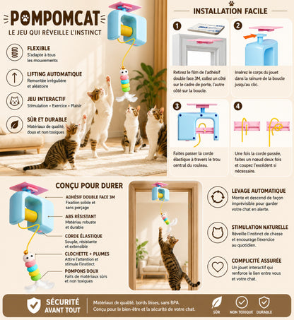 Chat jouant avec le POMPOMCAT, bond en l’air lors d’une session de chasse