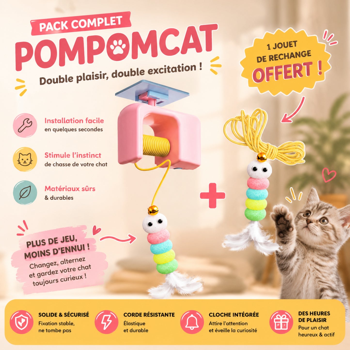 POMPOMCAT baguette jouet électrique pour chat coloris bleu avec 2 pompons