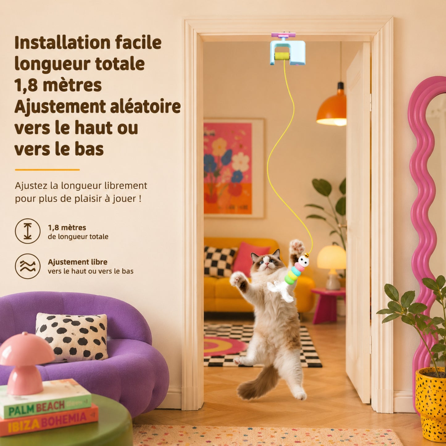 Vue latérale du jouet baguette POMPOMCAT montrant la corde élastique et le pompon