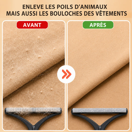 Avant/après RACLE-POILS™ — enlève poils d'animaux et bouloches sur vêtements