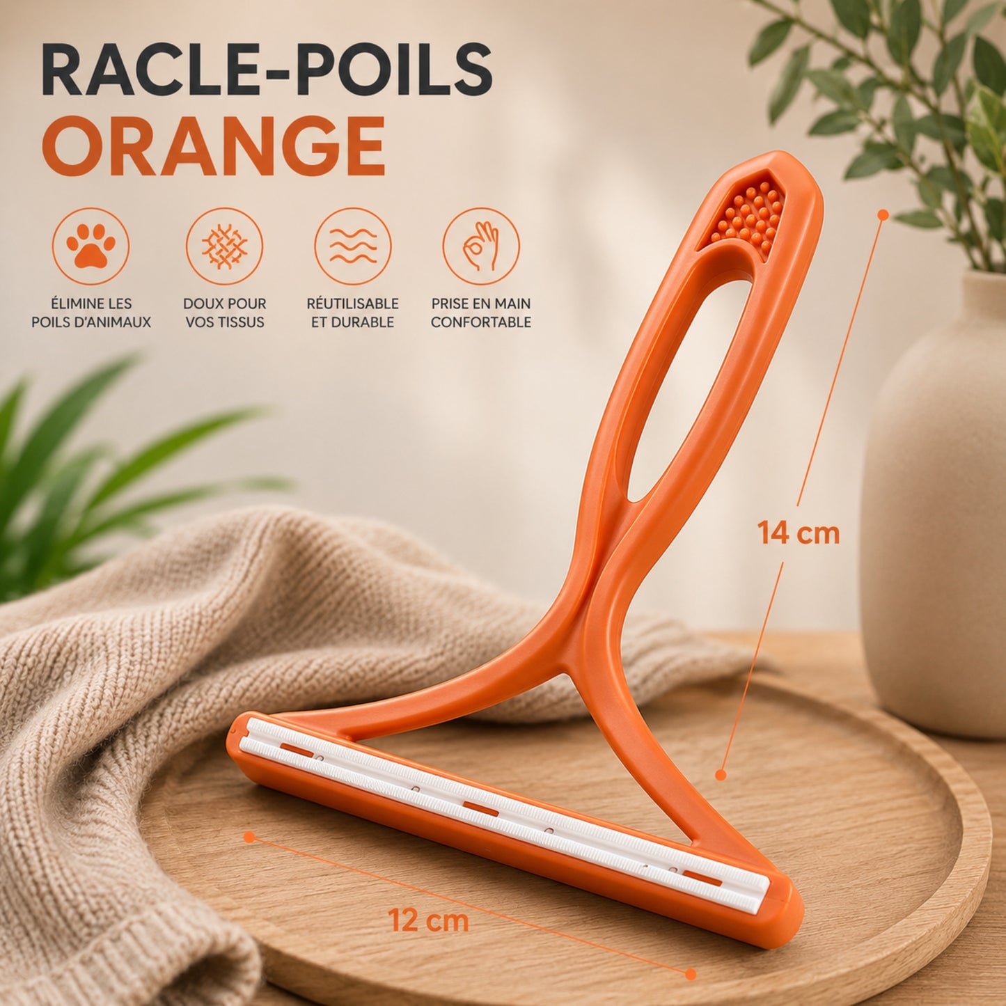 RACLE-POILS™ Orange 14cm — brosse anti-poils réutilisable pour textiles
