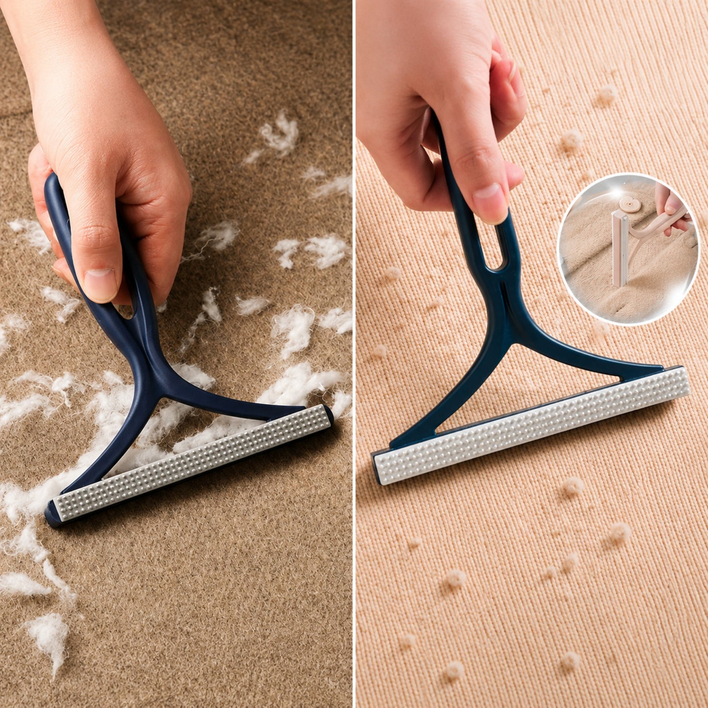Utilisation du RACLE-POILS™ orange et bleu sur tapis ,habit et moquette 