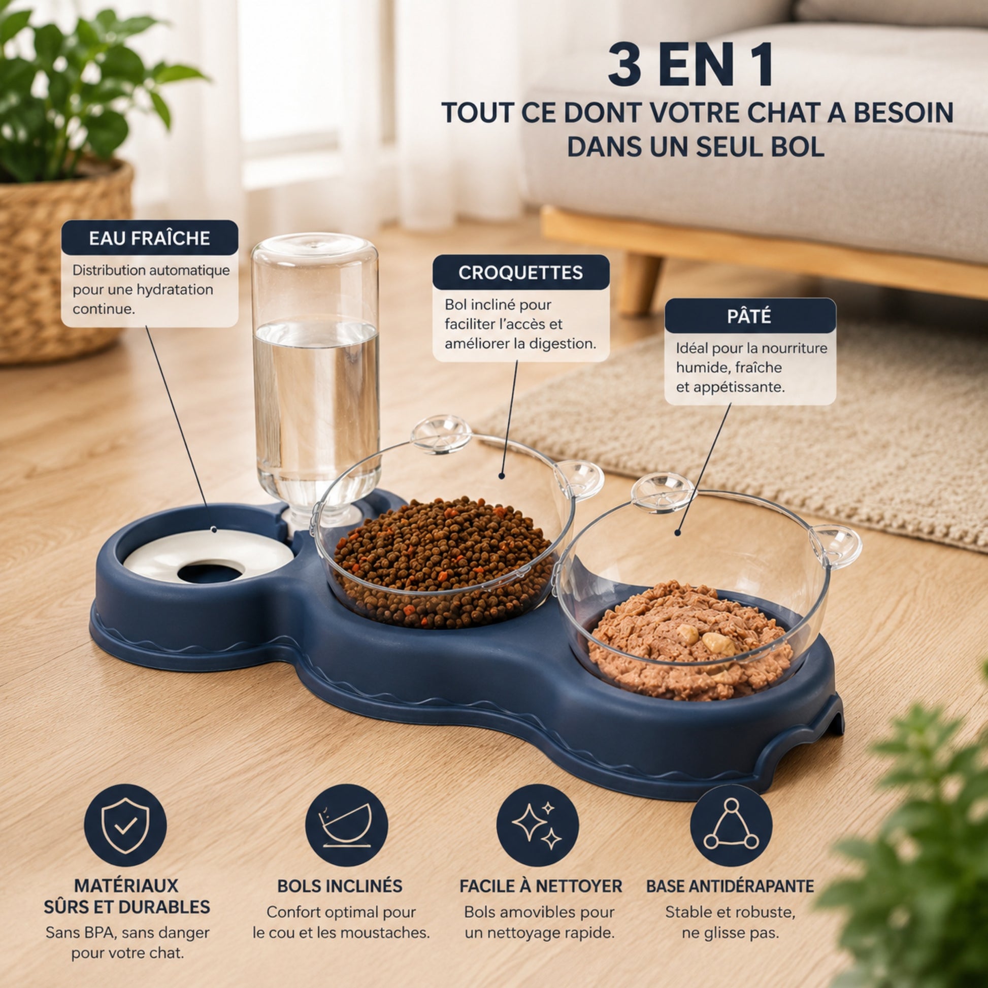 Présentation du TRIO-BOWL™ bleu — 3 en 1 pour chat, bols et abreuvoir