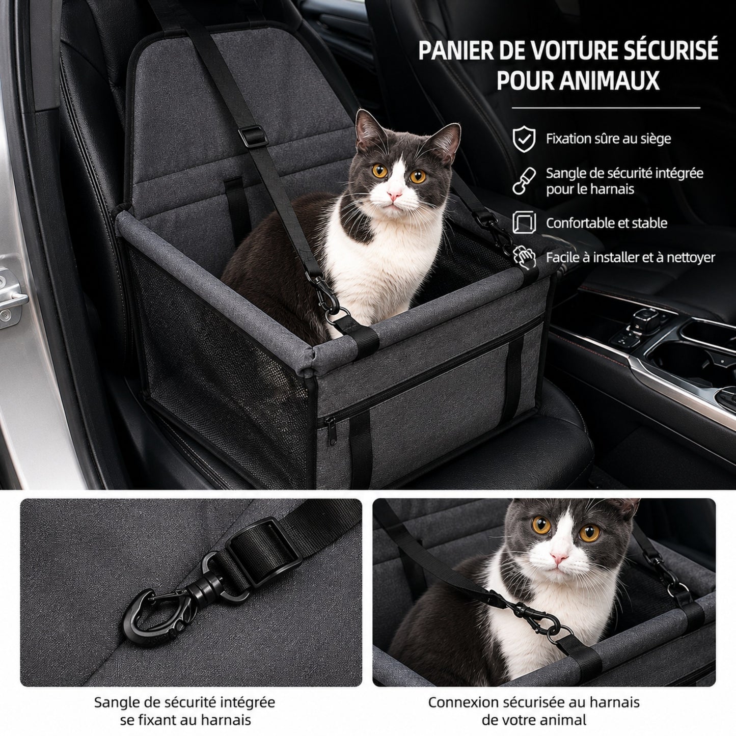 ROAD-CAT™ — Détail fixation ceinture de sécurité siège voiture pour chat