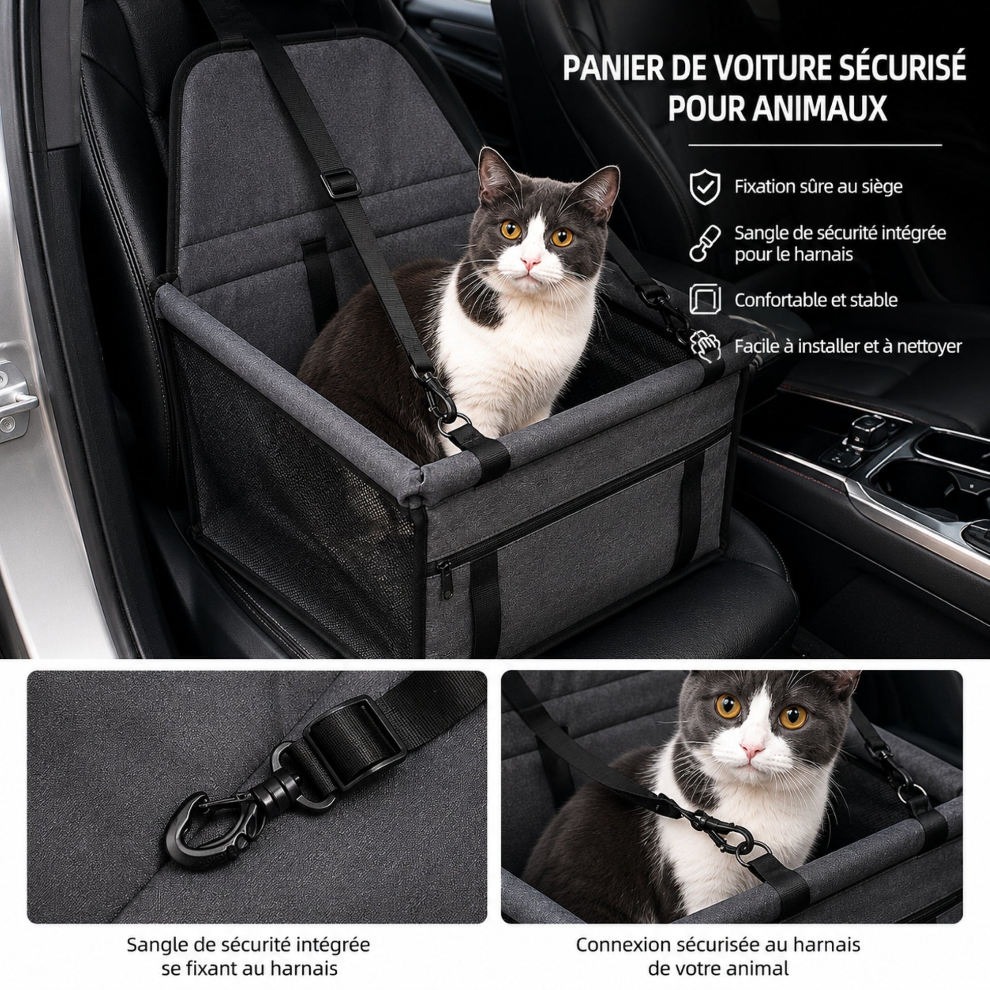 ROAD-CAT™ — Détail fixation ceinture de sécurité siège voiture pour chat