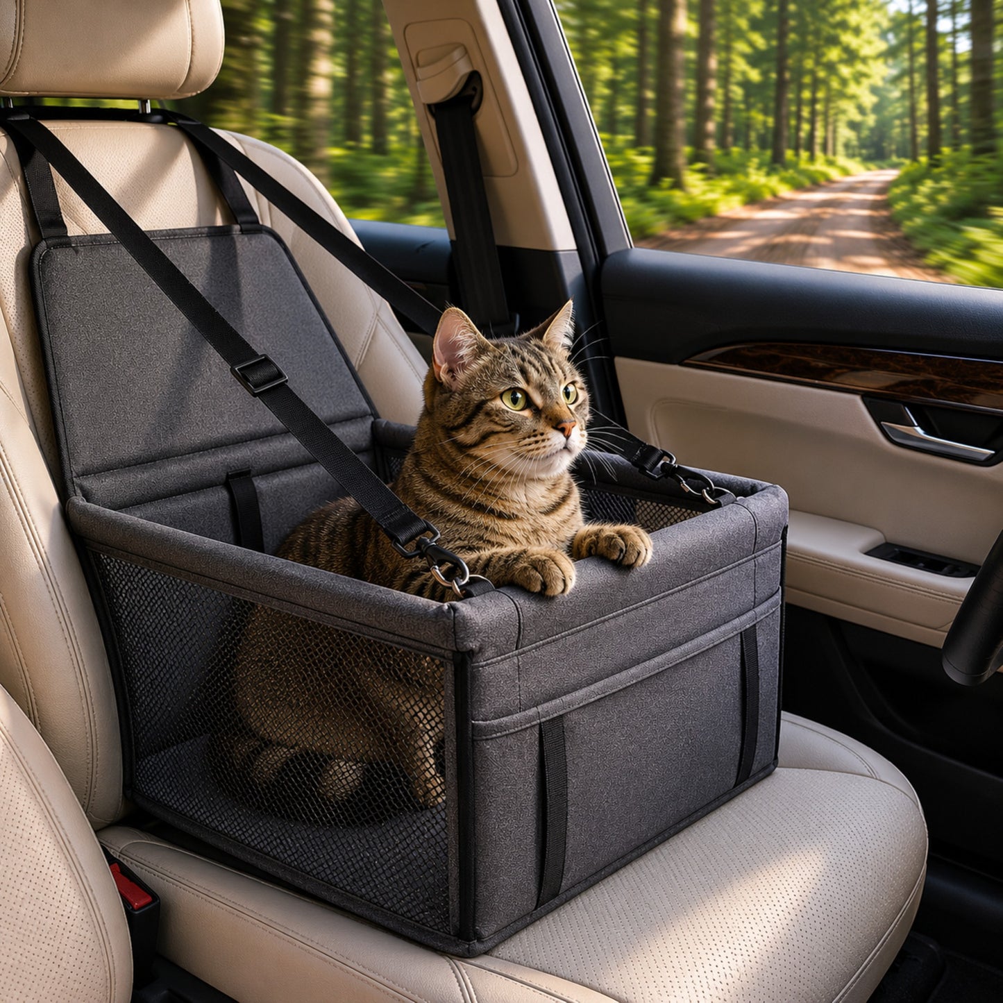 ROAD-CAT™ — Chat tigré confortablement installé dans siège gris ROAD-CAT™