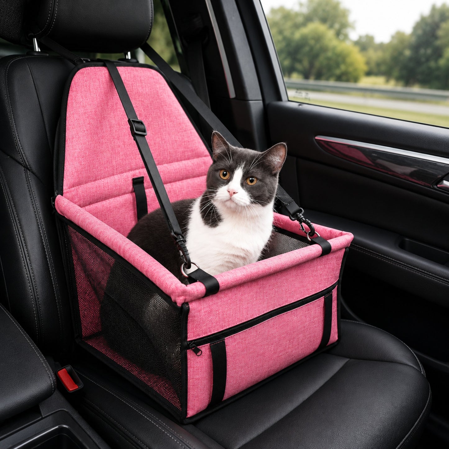 ROAD-CAT™ — Chat installé dans siège  rose en voiture