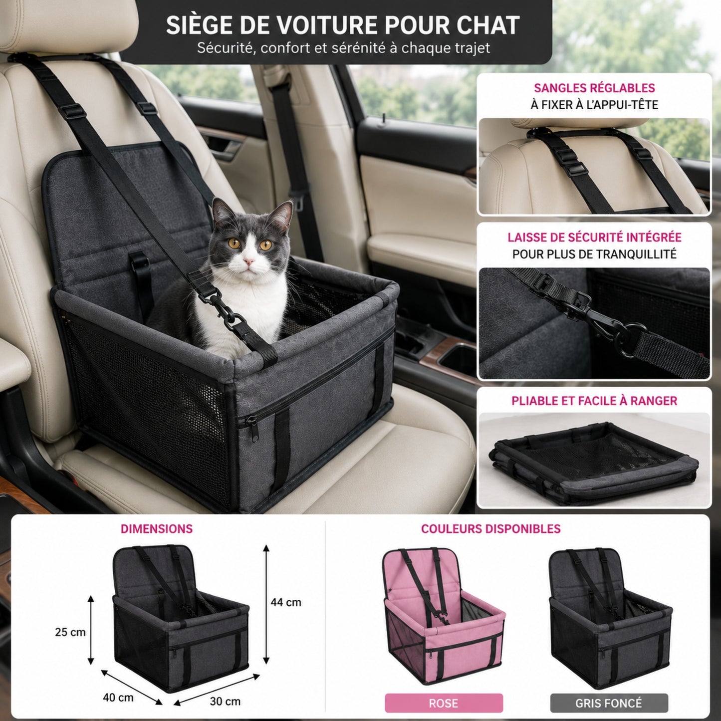 ROAD-CAT™ — Siège voiture pour chat avec sangles de sécurité réglables, pliable