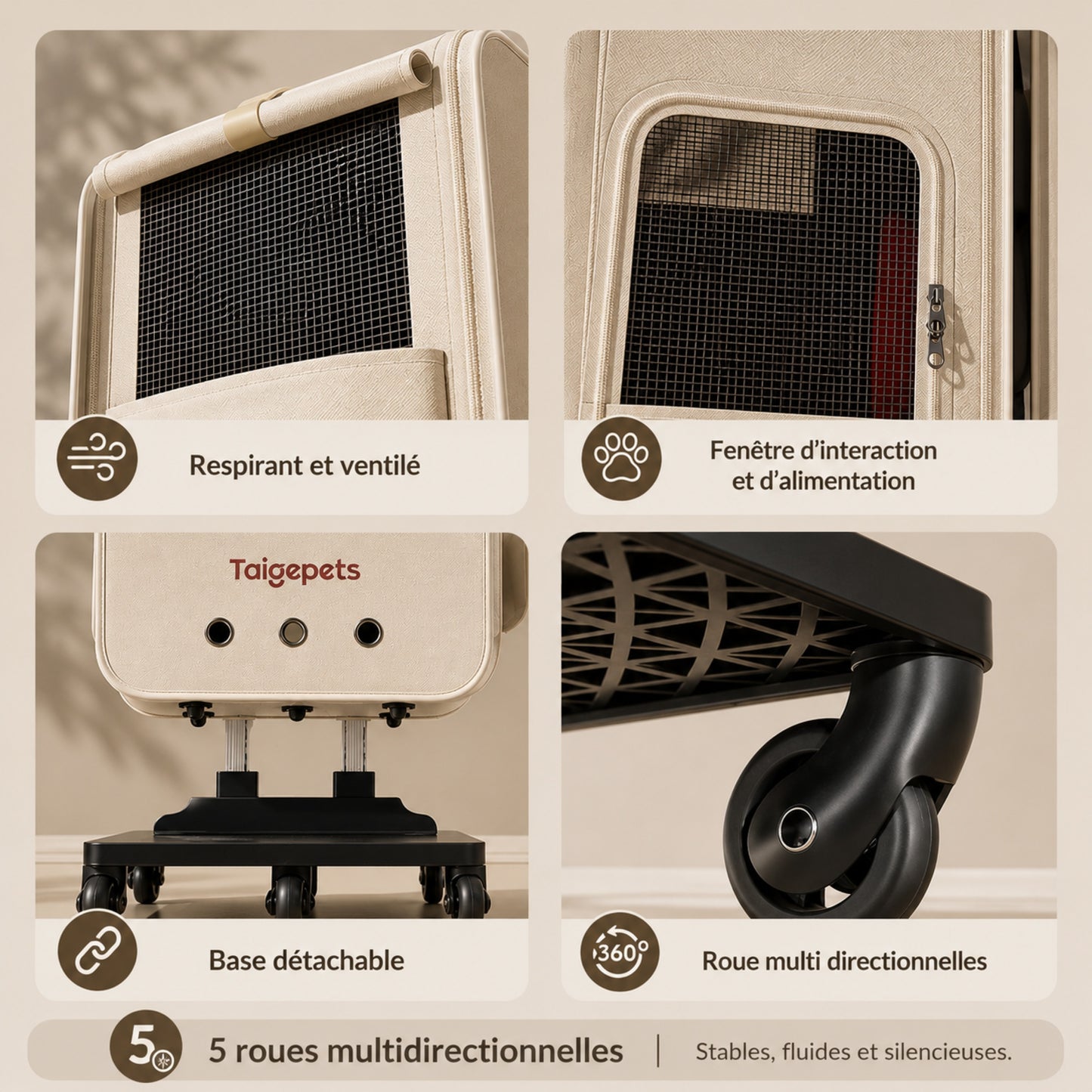 ROLL-CAT™ — Détails des roulettes multidirectionnelles de la valise pour chat