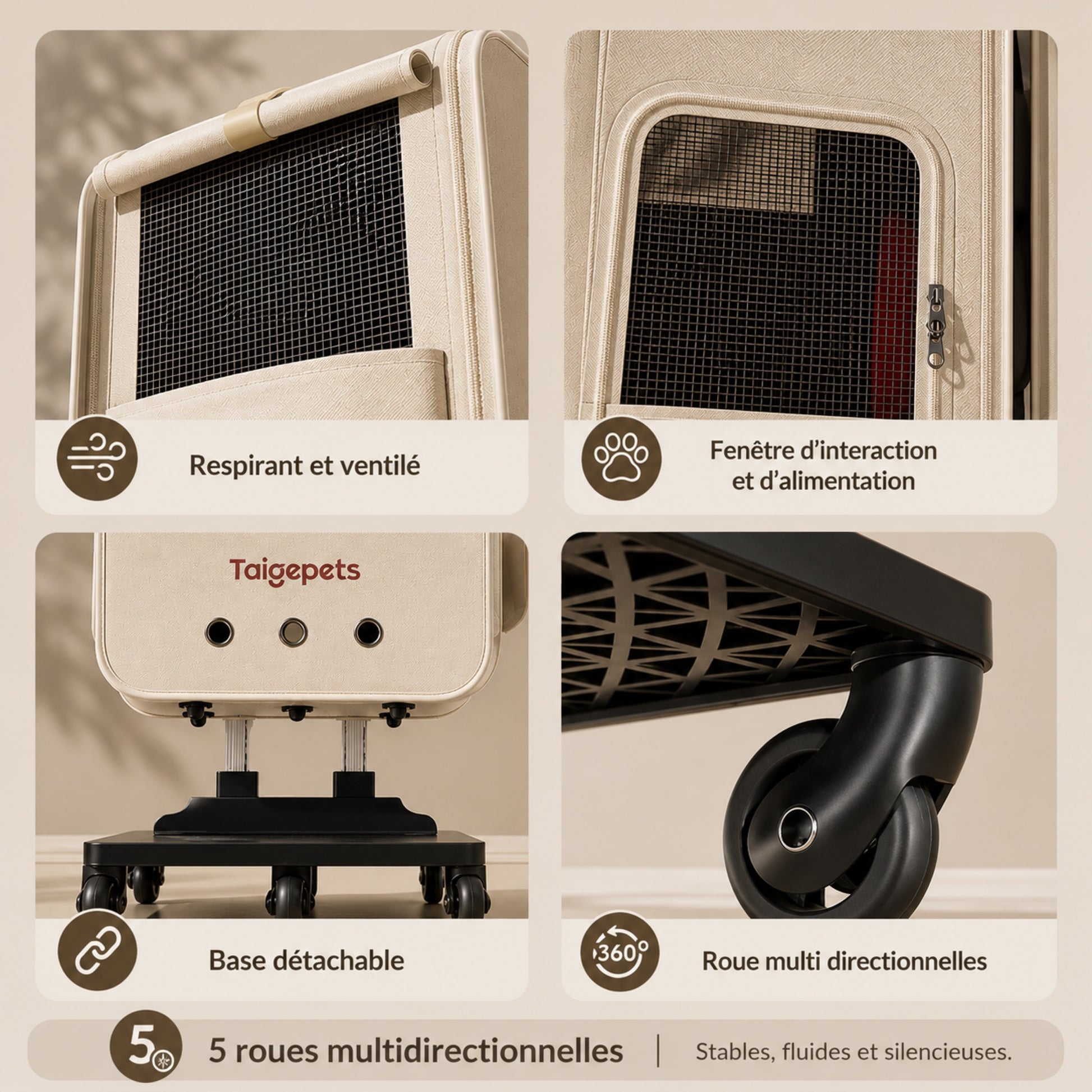 ROLL-CAT™ — Détails des roulettes multidirectionnelles de la valise pour chat
