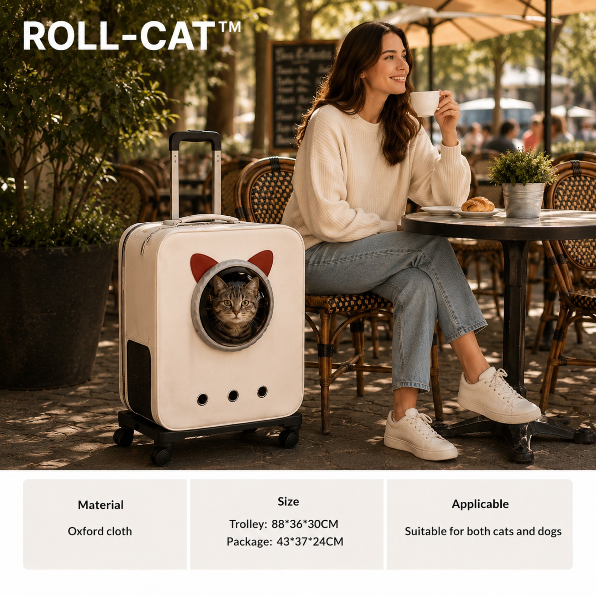 ROLL-CAT™ — Valise de transport pour chat avec femme en terrasse de café