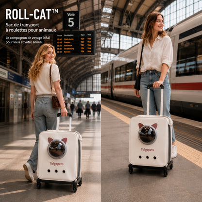 ROLL-CAT™ — Femme avec valise de transport pour chat en gare