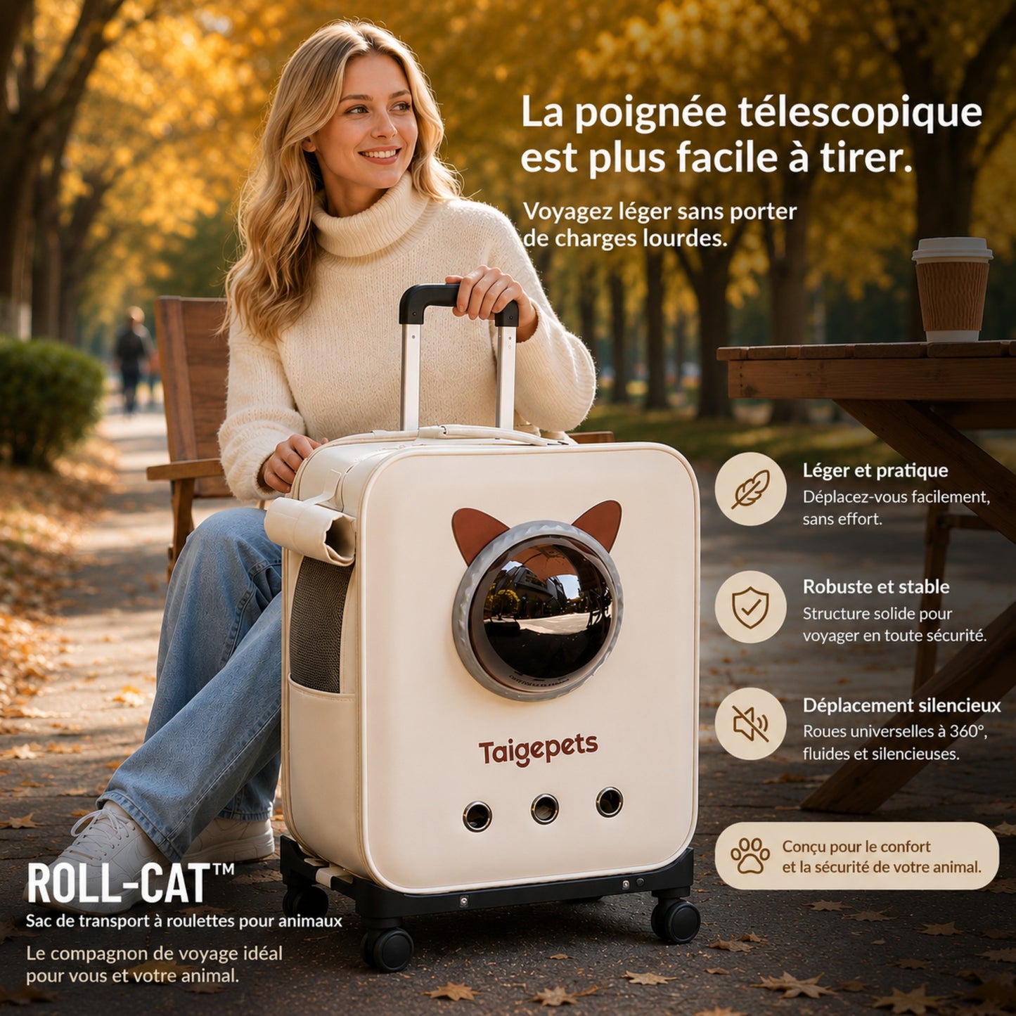 ROLL-CAT™ — Poignée télescopique de la valise de transport pour chat