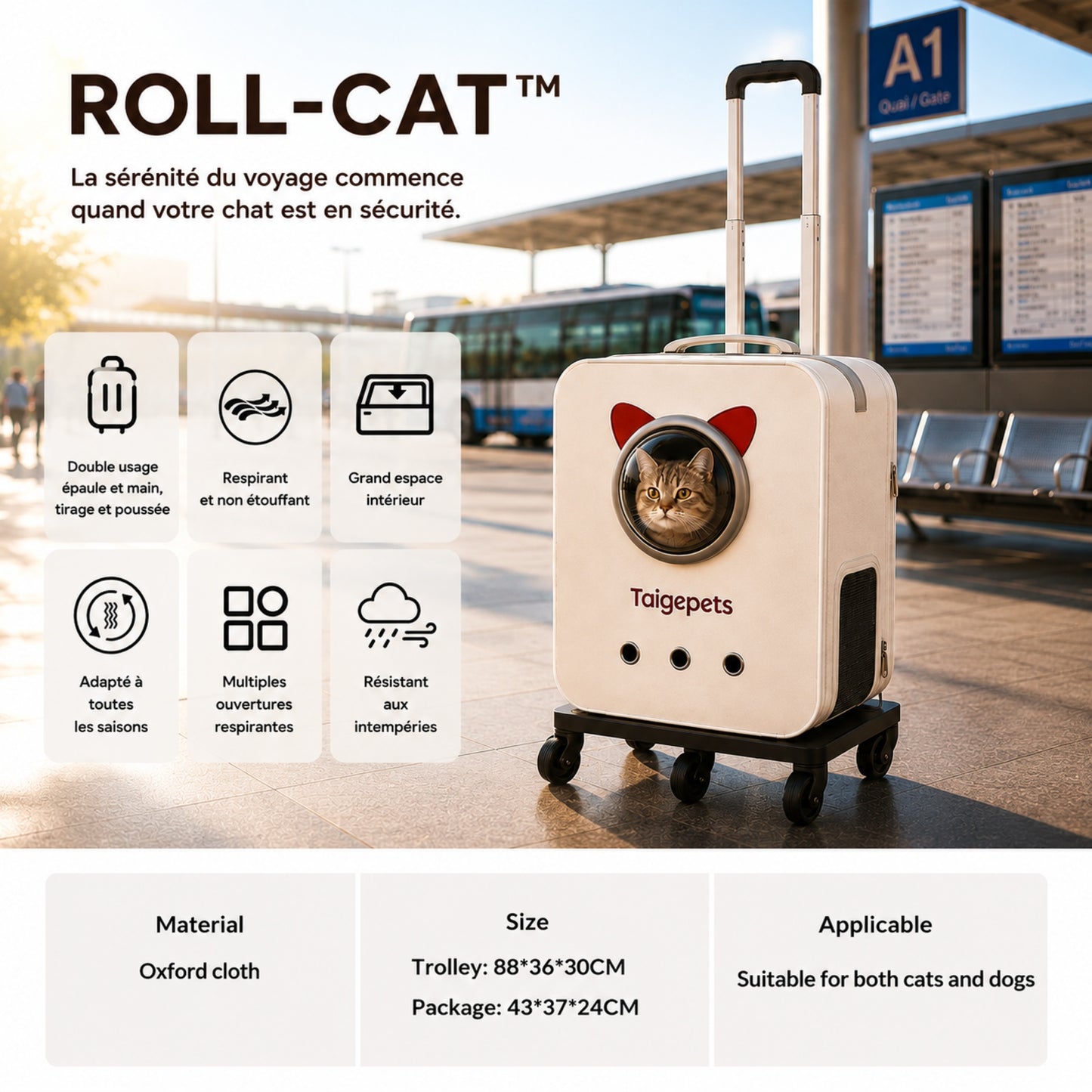 ROLL-CAT™ — Tableau des spécifications et dimensions de la valise pour chat