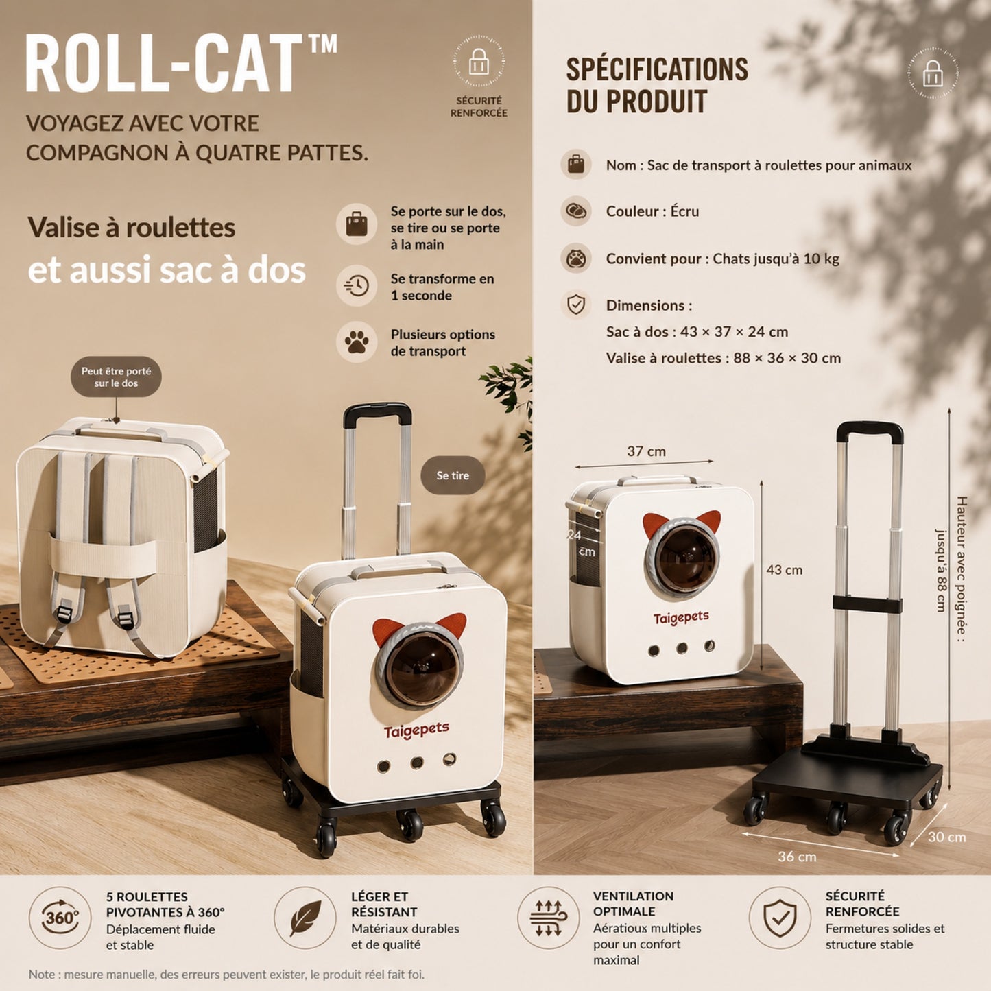 ROLL-CAT™ — Spécifications techniques valise à roulettes pour chat