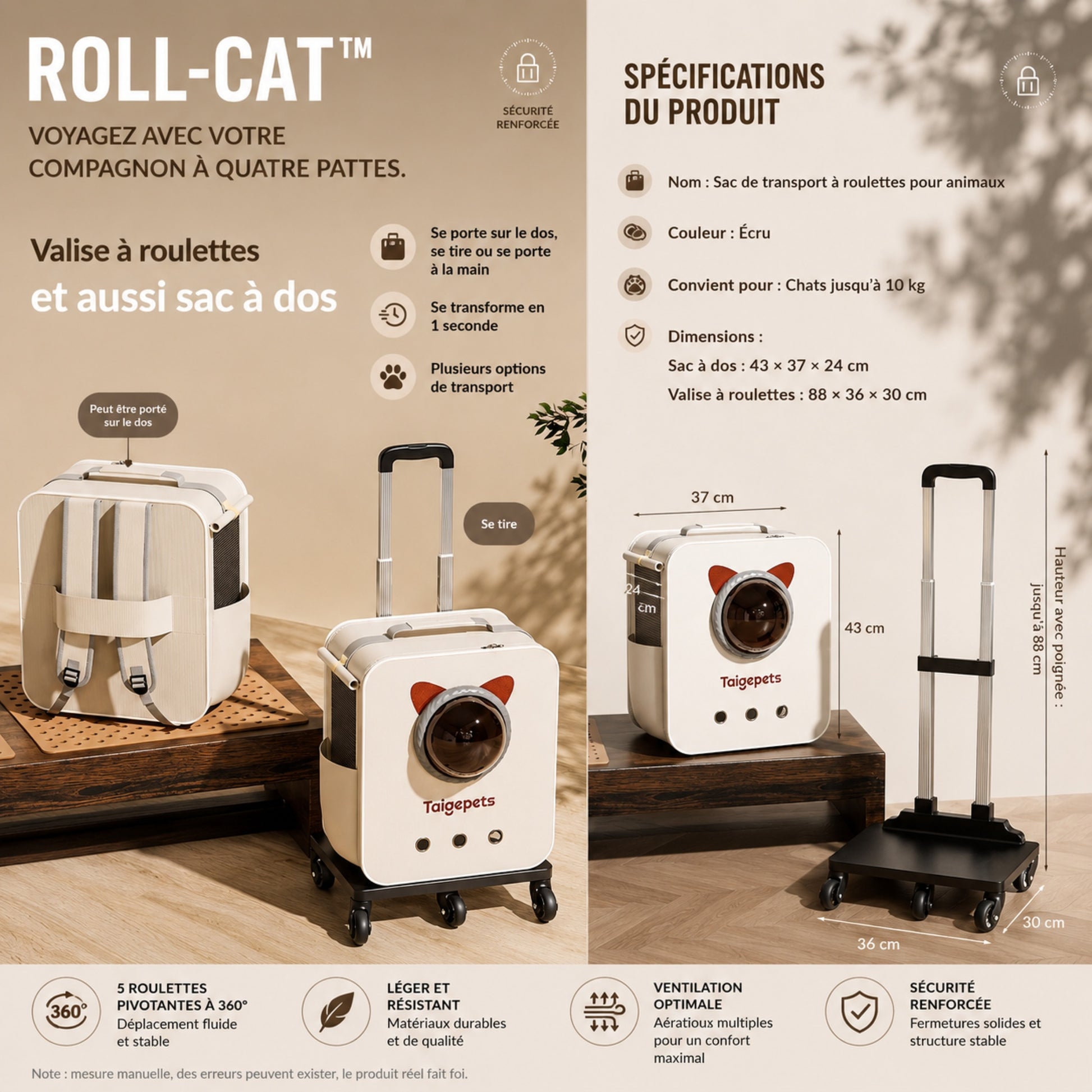 ROLL-CAT™ — Spécifications techniques valise à roulettes pour chat